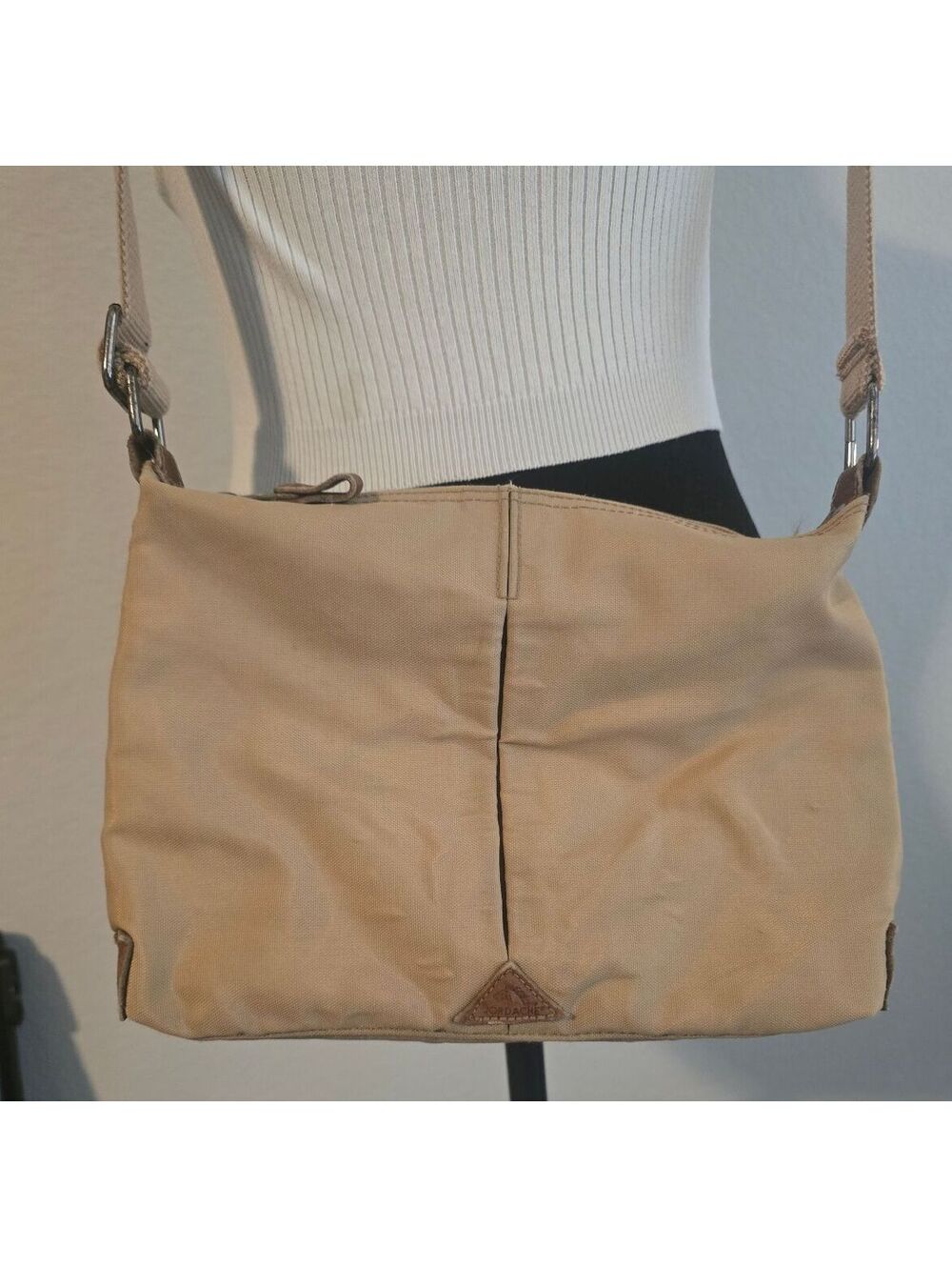 Jordache Beige Canvas Crossbody Shoulder Bag with Leather Accents